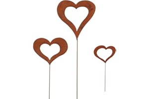 UNUS RM E-Commerce Lot de 3 Piques de Jardin, Cœurs en métal rouillé, Décoration de Jardin Cœur sur bâton 60x18cm