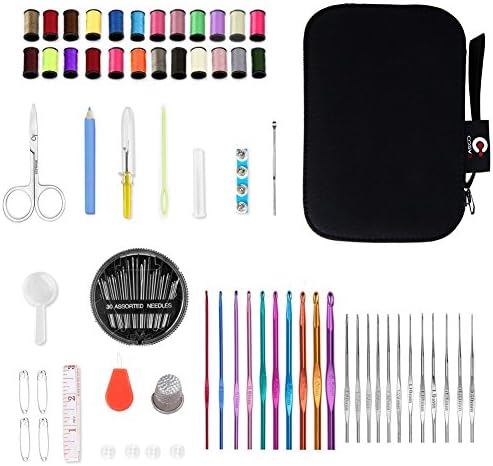 Crochet Hooks Set, Sewing Kit, COSVE 102 pcs 2 in 1 Knitting Tool Accessories Set with Portable Case, for Beginners, Kids, Summer Campers, DIY, Emergency and Home Clothing Fix