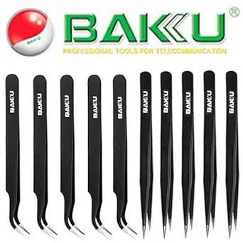 Buyyart New 10Pcs 2 in 1 ESD Anti Static Tweezers, BAKU BK,Made of Stainless Steel