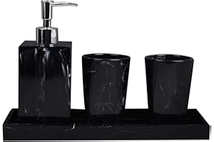 ACAMPTAR Marmor Textur Bade Zimmer Zubeh？R Schwarz 4 StüCk Harz Bade Zimmer Zubeh？R mit Spender ZahnbüRsten Halter Seifen Spender