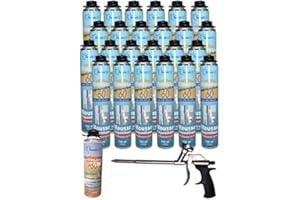 Dstock60 - Ensemble de 24 mousses expansives 750 Ml - 1 Pistolet - 1 Nettoyant mousse - Mousse polyuréthane professionnelle - Isole, colle et rebouche - Mousse pistolable - Extérieur et intérieur -
