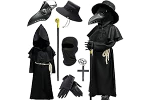 Haozozo Costume Halloween Enfant de Médecin de La Peste,Deguisement Halloween Enfant Comprenant Un BâTon Classique,Une Ceinture,Un Collier Avec Une Croix,Un Masque En Cuir et Un Bonnet.