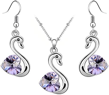 Jewelry Set Swan Pendant Necklace + Dangle Earring Heart Shaped Swarovski Violet Purple Crystal