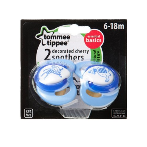 Tommee Tippee Essential Basics Decorated Cherry Soothers - Blue TWO Pack
