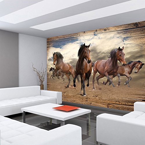 Vlies Fototapete PREMIUM PLUS Wand Foto Tapete Wand Bild Vliestapete – Pferde Hengste Galopp Holz – no. 3221, Größe: 312 x 219 cm Vlies - 4