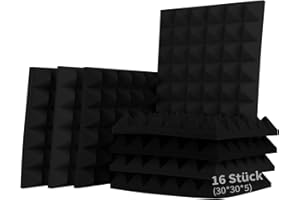 SUZAO Panneau Acoustiques 16 pièces, Noir Mousse Acoustique 30 * 30 * 5cm, Haute Densité Mousse Anti Bruit pour Studio Musique, Studios d'enregistrement, Home Studio Isolant Phonique - Pyramide