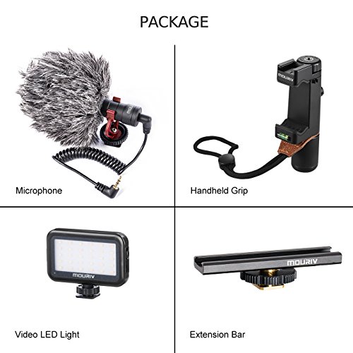 Smartphone Video Rig Mouriv Stabilizzatore di Muggine di Vlogging di Registrazione Filmmaking per iPhone 8 7 7s Plus Con Mini Cardioidi Microfono, Luce LED Video, Barra Estensione Allenamento Solido in Alluminio