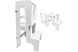 Family Nation, Torre Montessoriana 2 in 1, Convertibile in Tavolo e Sedia, per Bambini da 1 Anno di Età, Struttura in Legno con Supporto Extra, Bianca, 42x45x86 cm