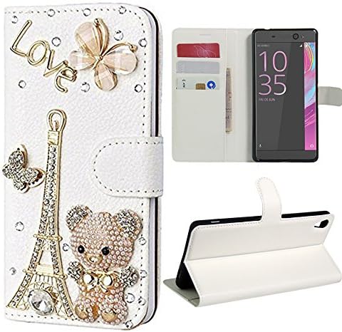 Sony Xperia XA Ultra Case, Shanlove Luxury Handmade Bling Diamond PU Leather Flip Folio Pouch Wallet Case with Card Cash Slots Kickstand Function Soft TPU Back Cover for Sony Xperia XA Ultra 6.0", Tower Bear