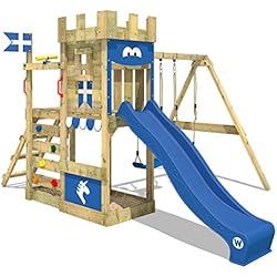 WICKEY Chalet jardin RoyalFlyer Aire de jeux Tour d'escalade avec balançoire et toboggan, bac à sable, mur d'escalade et echelle à grimper