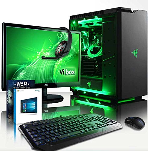 VIBOX Cetus Komplett-PC Paket 9 Gaming PC - 4,5GHz Intel i7 Quad Core CPU, GTX 1080, leistungsfähig, Wassergekühlter Desktop Gamer Computer mit Spielgutschein, 22" HD Monitor, Gamer Tastatur & Mouse, Windows 10, Grün Innenbeleuchtung, lebenslange Garantie* (4,2GHz (4,5GHz Turbo) Superschneller Intel i7 7700K Kabylake Quad 4-Core Prozessor CPU, Nvidia GeForce GTX 1080 8GB Grafikkarte, 32GB Team 2133MHz DDR4 RAM, 240GB SSD, 3TB Festplatte, Raijintek Triton Wasserkühler, NZXT H440 Gehäuse)