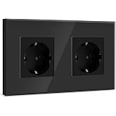 BSEED Double Wall Plug, Black Schuko Double Socket with Glass Panel, 16A 250V Power Outlet, Extension Sockets for Kitchen, Be