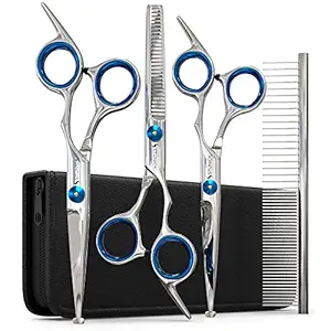 ST?NICK Professional Cat & Dog Grooming Scissor Set - Stainless Steel Straight and Curved Pet Scissors with Safety Round Tip - Heavy Duty Titanium Coated Thinning Shear and Pet Comb for Dogs and Cats