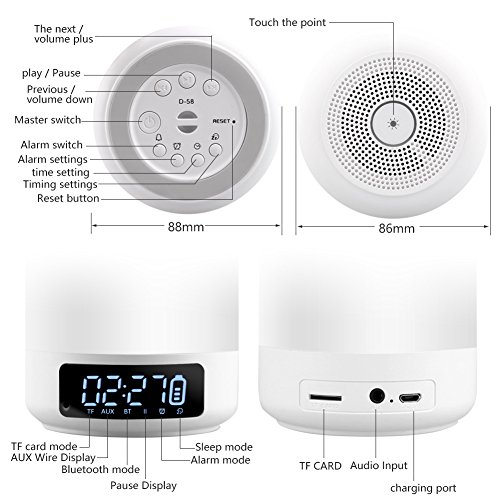 ACRATO Portable Bluetooth Lautsprecher Wireless Speaker mit TF Karte Funktion Lautsprecherlampe mit Farbewechsel Tischleuchte Wecker Mikrofon TouchsensorTragbar - 2