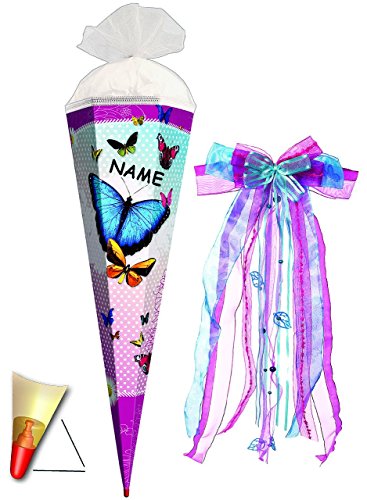 Schultüte - " bunte Schmetterlinge " - 22 / 35 / 50 / 70 / 85 cm - incl. NAMEN und große SCHLEIFE - Zuckertüte Roth - ALLE Größen - rund oder eckig - mit / ohne Holzspitze - für Mädchen / Geschenktüte - Schmetterling gepunktet - Tiere Blumen