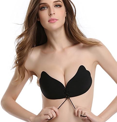 SKST Strapless Bras, Self Adhesive Silicone Invisible Reusable Push up Sticky Bras with Drawstring for Backless Dress Wedding Dress Party Dress (C, Black)