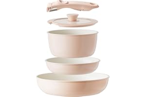 Redchef Ceramic Cookware Set, Removable Handle Pots and Pans Non Stick, Rv Cookware Set, Non Toxic Detachable Pots and Pans No PFAS & PTFE & PFOA, Oven Safe (Pink)