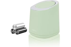 QLFJ-FurDec Tischabfalleimer Klein, Niedlich Desktop Mini Mülleimer mit 90 Stück Müllsäcke, Tischmülleimer mit Drucktyp Deckel 13 * 14.5 * 17cm, Tischabfalleimer für Schlafzimmer (Grün)