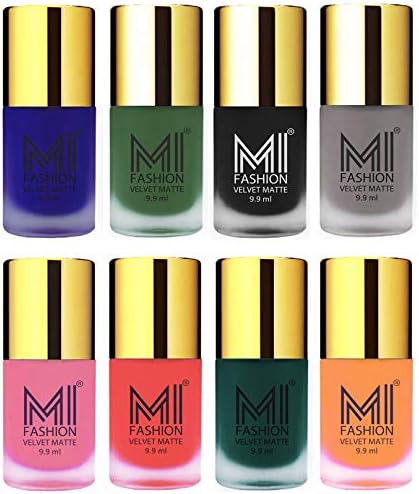 MI FASHION Highly Pigmented Velvet Matte Nail Paint Set Effortless (Matte Effect) Top Coat Mutlicolours Chip Resistant 9.9ml Each (Combos-8)