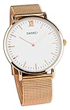Baciami SKMEI Armbanduhr mit Mesh-Band, Weiß-Goldenes Ziffernblatt, Rose-Goldenes Metall-Band, Quarzuhr, Minimalistisch, Klassisch, 40mm, rose gold