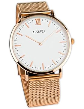 Baciami SKMEI Armbanduhr mit Mesh-Band, Weiß-Goldenes Ziffernblatt, Rose-Goldenes Metall-Band, Quarzuhr, Minimalistisch...