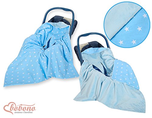 NEW!! UNIQUE DOUBLE-SIDED CAR SEAT BABY BLUE BLANKET / COVER / COSYTOES - FOOTMUFF! 100x100cm - BLUE STARS / BLANKET WITH SEAT BELT HOLES
