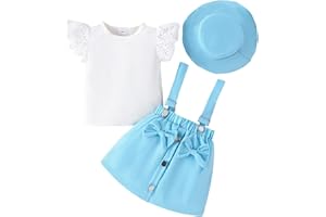 LUVCES Ensemble Bébé Fille Manches Courtes Côtelé à Volants Haut+ Bowknot Jupes à Bretelles Robe Salopette + Chapeau Elegant d'été Vêtements Set