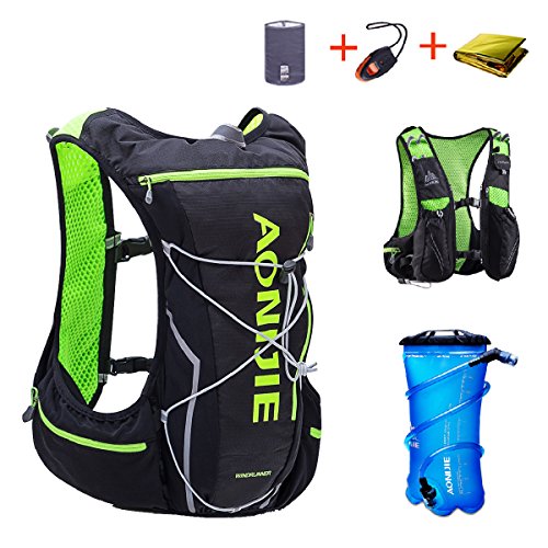 TRIWONDER Chaleco de Hidratación Ligero 10L Superior Mochila para Trail Running Ciclismo Marathoner Profesional al Aire Libre Hombre Mujer (Negro y Verde - con vejiga de Agua 2L, L/XL - 97-109cm) - TRIWONDER