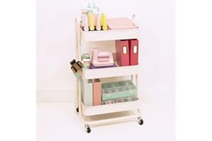 Craftelier - Metalowy wózek organizacyjny z 3 tacami | 4 kółka obrotowe o 360° z hamulcami | Maks. nośność 2,99 kg | Odległość między tacami 25,5 cm | Rozmiar 78 x 40 cm - biały