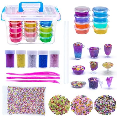 DIY Slime Making Kit, 8 Tubs Non-toxic Crystal Slime Clay Mud with 9 Ice Cream Cups, 15000PCS Colorful Foam Balls, 1000PCS Polymer Fruit Slices Art Decoration, 5 Bottles Glitter Shaker, Magic Clay Plasticine Toys for Adults and Children (8 Pack)