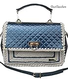  Damen klassische Handtasche Gesteppte lackierte blaue - beige Tasche mit Muster Prägung auf dem Vegan Leder Kleine frauene Aktentasche mit Strap und Verschlüss