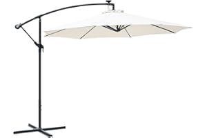 Outsunny 3(m) Banana Cantilever Parasol with Solar LED Lights, Garden Umbrella with Cross Base and Crank Handle, Hanging Offset Sun Shade for Outdoor, Patio