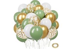 QIFU Ballons Anniversaire Vert Or,50 Pcs Ballons Rétro Verts Et Or Blanc Confettis Ballon Mariage,Ballon Vert Sauge Pour Décoration Anniversaire,Mariage, Baby Shower Decoration Bapteme Garcon, 12 Pouces