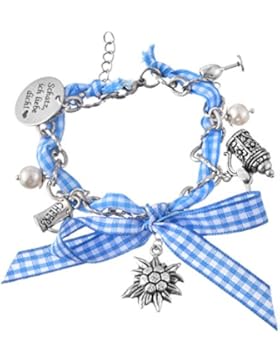 MJARTORIA Damen Oktoberfest Schmuck Armband Edelweiß Weinglas Anhänger Charms Blau Kariert