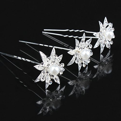 Miya® 4Stück für Prinzessin hochwertige wunderschöne Stern Blumen Silber Haarspiralen Haar Curlies aus Perle und Strass, Braut Hochzeit Jugendweihe Haarnadel Haarschmuck - 2
