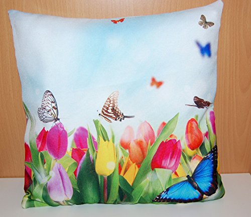 hübsche KISSENHÜLLE 40×40 cm Motiv BEIDSEITIG Tulpenwiese mit Schmetterlingen Dekokissen Frühling Sommer Polyester pflegeleicht Fotoprint Kissen eckig (Tulpenwiese Schmetterlinge) - 6