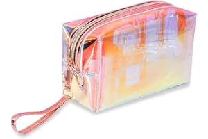 FATIYA Trousse de Maquillage Holographique, Trousse de Toilette Transparente avec Fermeture Éclair et Poignée Portable, Petite Trousse de Maquillage pour Femmes et Filles, Étanche pour Plage (A)