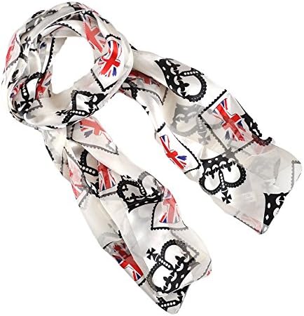 Crown & Union Jack Motif Scarf in a Silky Feel Satin Stripe - Red, Black & Cream