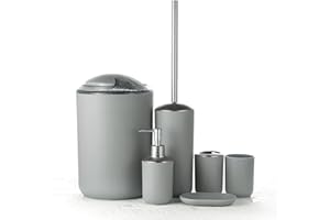 JOTOM Accessori per il Bagno Design Moderno Set di 6 Pezzi di Plastica Set di Sapone emulsione Scatola Denti Tazza da Toilette Pattumiera (Grigio)