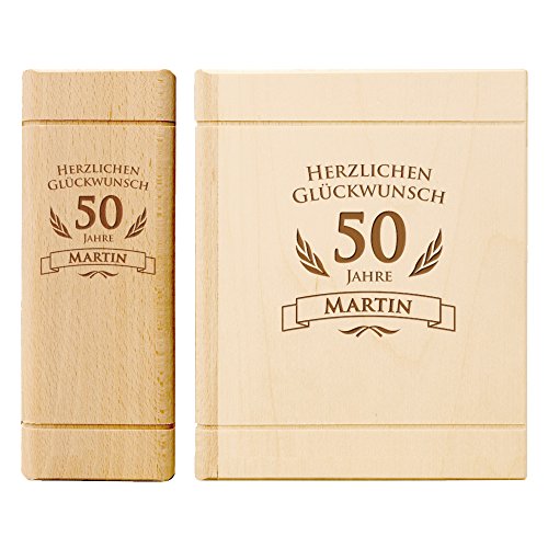 Spardose Buch aus Holz zum 50. Geburtstag mit Gravur - Personalisiert mit Namen - Sparbüchse aus Ahornholz - 13,5 cm x 16,5 cm x 6,5 cm