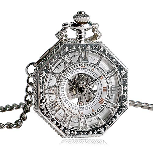 Vintage Pocket Watch, Hand Winding Mechanical Pocket Watch for Men, Silver Octagon Shape Skeleton Pocket Watch Gift