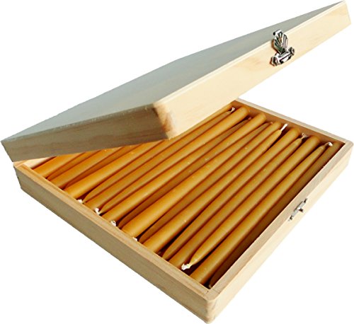 BCandle100% Beeswax 2-Hour Candles Organic Hand Made - 7 1/4 Inch Tall, 3/8 Inch Diameter (Pack of 36), Wood Box