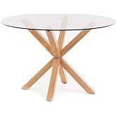 Round Glass Dining Table - Metal Legs Wood Effect Finish