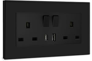 BSEED Double Switched Sockets with USB C and USB A Charging Ports, UK Standard Electric Power Sockets with Glass Panel, 2 Gang 13A Wall Socket, Black