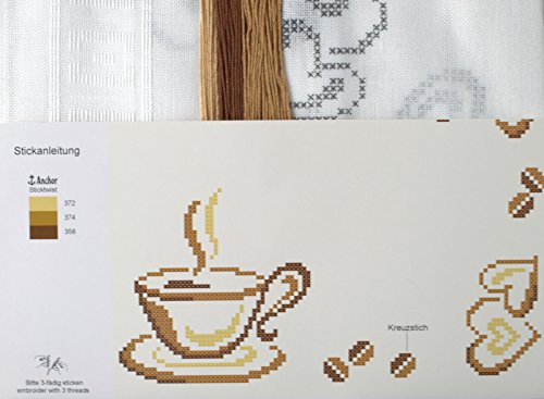 Stickpackung Mitteldecke „KAFFEEPAUSE“ / Komplettes Vorgezeichnetes Tischdecken Set zum Sticken / Stickset mit Stickvorlage für Erwachsene / Sticken im Kreuzstich - 2