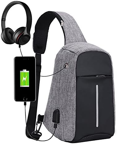 Sling Bag with USB Charging Port 31*18*10cm Waterproof Canvas Chest Bag for Men Shoulder Backpack (gray-black)
