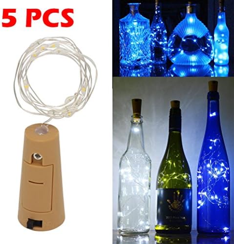 Pack of 5 Bottle Lights 2M/6.5FT, 20 LEDs Cork Stopper Shaped Silver Wire Fairy String Light Lamp Battery Operated DIY for Christmas Halloween Wedding Birthday Party (Blue)