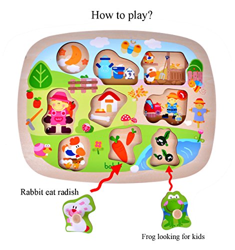 Large Size Farm Animals Wooden Pegged Puzzles, Educational Learning Preschool Toys game for Kids, Best Birthday Gift for Age 3 4 5 years old kids Children Baby Toddles Boys Girls