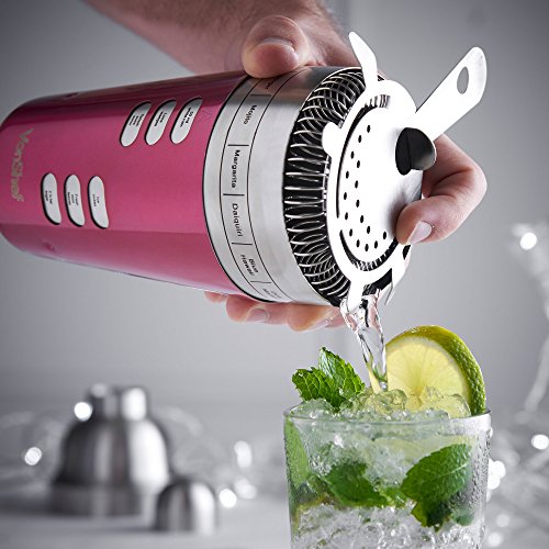 VonShef Cocktail Shaker Set mit gedrehtem Barlöffel, 15 eingravierten Rezepten, Hawthorne-Sieb, 25ml & 50ml Messbecher & Holz-Stößel – Rot – Zwei Jahre KOSTENLOSE Gewährleistung - 3