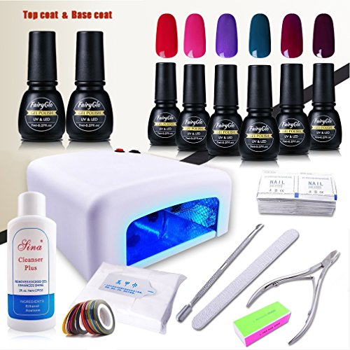 UV Nagelstudio Set von FairyGlo 36W UV Lampe,base und top coat,cleaner für gel nägel,nagelfeilen set,uv nagellack entferner, buffer für nägel, knipser fingernägel, schieber nägel, Striping Tape, tücher nägel,(6xStück Farblack,1xStück Unterlack,1xStück Überlack)